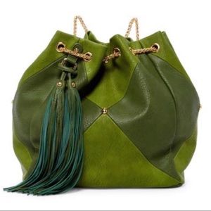 Green color block backpack/tote handbag
